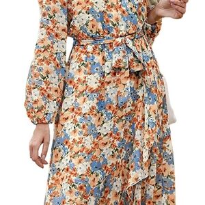 Floral Long Sleeve Dress in Orange and Blue